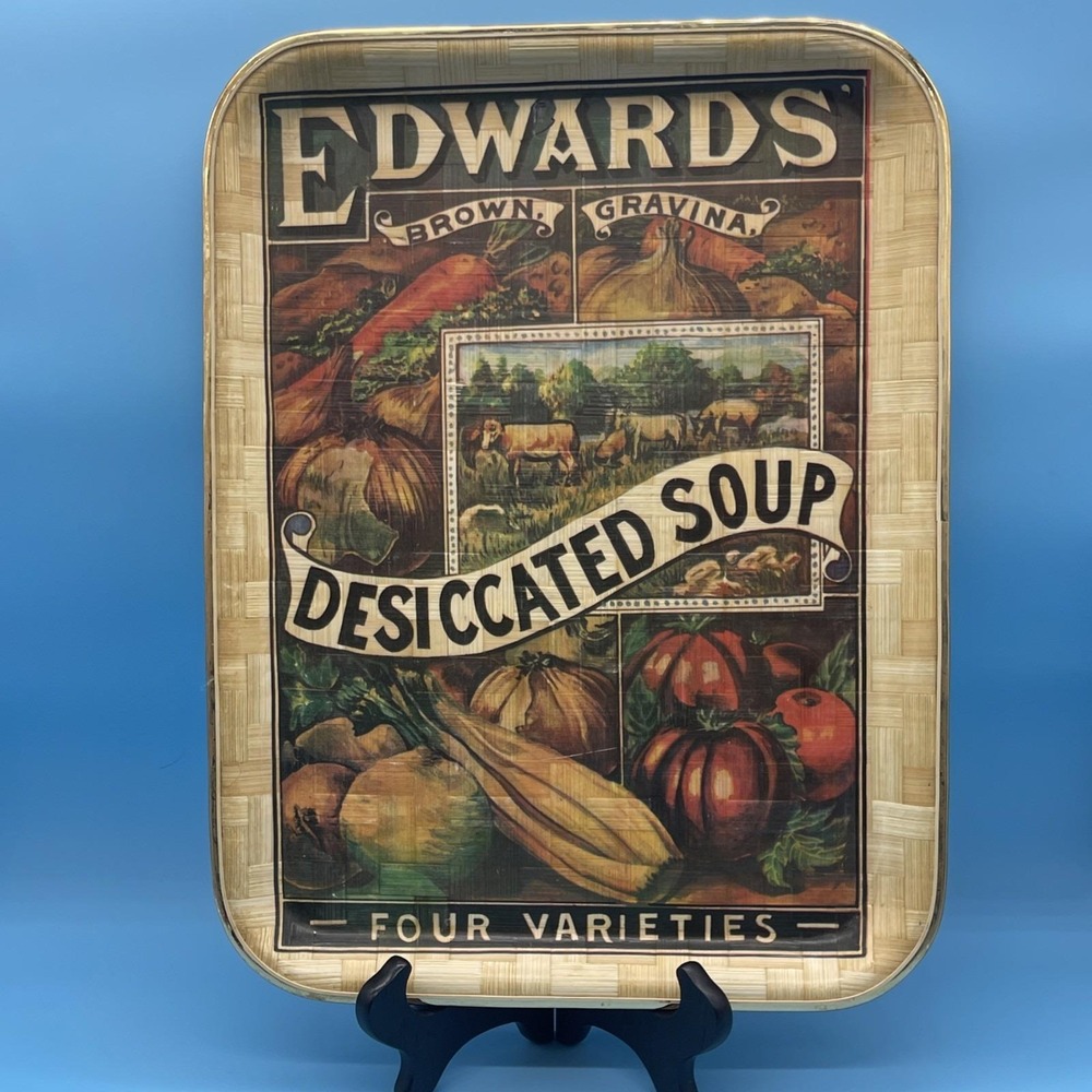 VTG Edwards Desiccated Soup Advertising Ad Woven Bamboo Tray Farmhouse Cottage